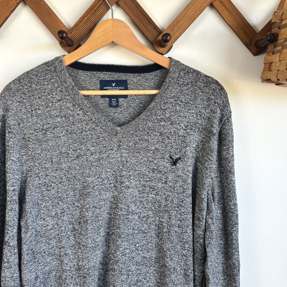 American Eagle Outfitters Mens Grey Marl V-Neck Cotton Sweater Classic Fit Med